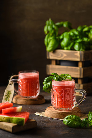 watermelon-basil drink on a dark background. high quality photoの写真素材