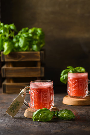 watermelon-basil drink on a dark background. high quality photoの写真素材