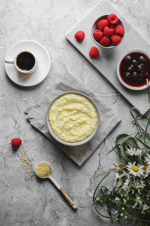 millet porridge on a light gray background. high quality photoの写真素材