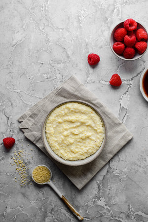 millet porridge on a light gray background. high quality photoの写真素材