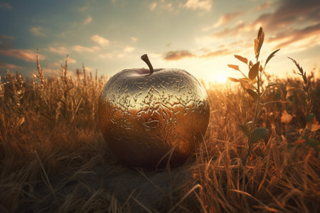 Big golden apple in the sunset light. High quality photoの素材