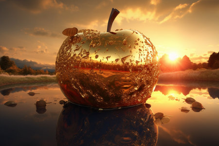 Big golden apple in the sunset light. High quality photoの素材