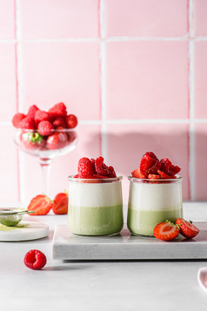 panna cotta with matcha and raspberries. High quality photoの写真素材