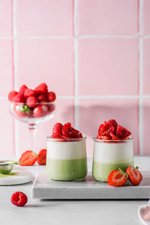 panna cotta with matcha and raspberries. High quality photoの写真素材