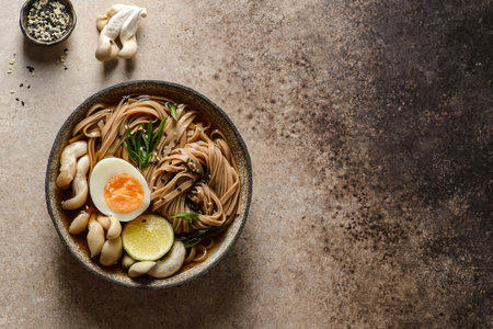 soba with mushrooms and eggの写真素材