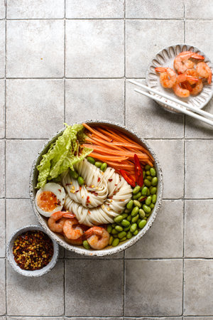 noodle with shrimp and edamame beansの写真素材