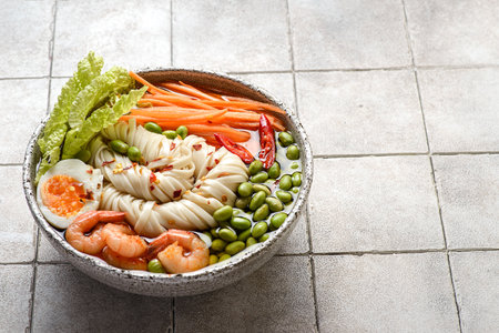 noodle with shrimp and edamame beansの写真素材