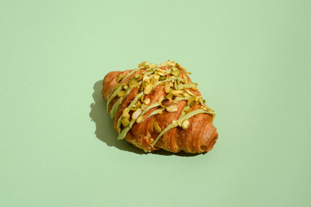 croissant with pistachio on a green background. High quality photoの写真素材
