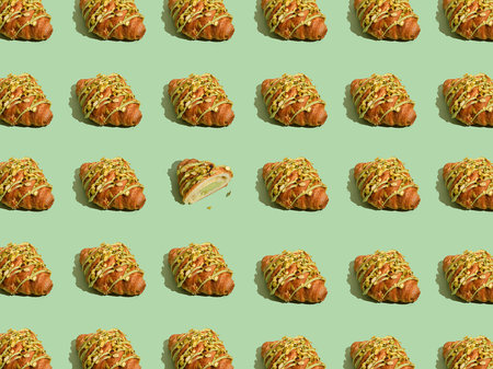 croissant with pistachio on a green background pattern. High quality photoの写真素材