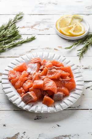raw chopped pieces of salmon for poke or pasta. High quality photoの写真素材