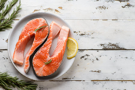 raw salmon steak with lemon. High quality photoの写真素材