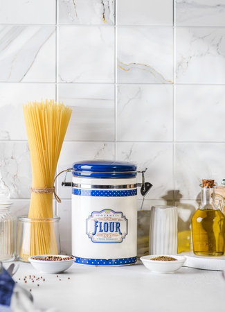 Ingredients for making spaghetti pasta. High quality photoの写真素材