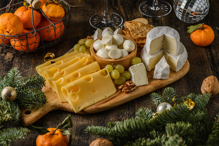 slicing brie mozzarella and maasdam cheeses with champagne for New Year. High quality photoの写真素材