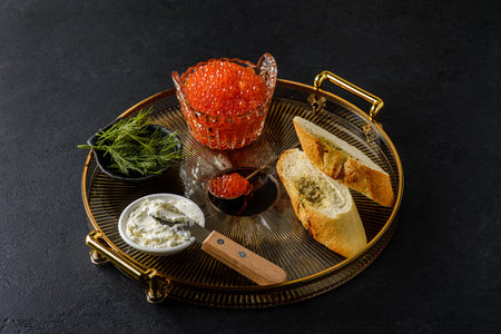 bruschetta with red caviar and cottage cheese. High quality photoの写真素材