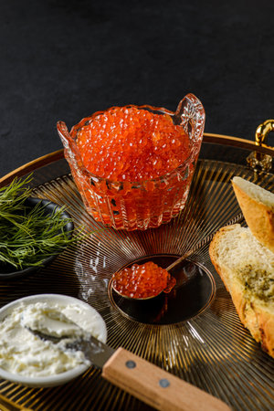 bruschetta with red caviar and cottage cheese. High quality photoの写真素材