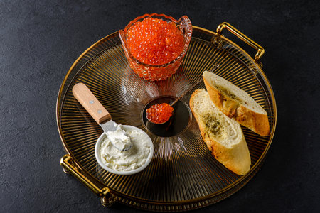 bruschetta with red caviar and cottage cheese. High quality photoの写真素材