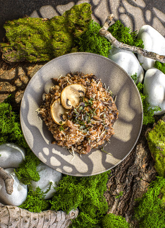 buckwheat with mushrooms and parmesan cheese. High quality photoの写真素材