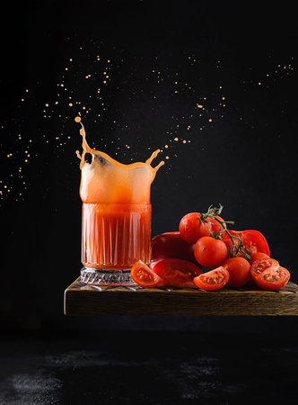 tomato juice with basil and splashes. High quality photoの写真素材