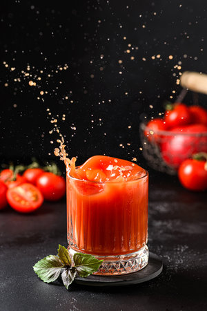 tomato juice with basil and splashes. High quality photoの写真素材