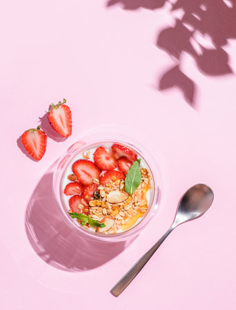 yogurt with strawberries, muesli and honey. High quality photoの写真素材