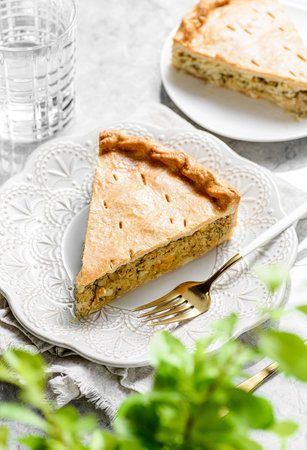 Chicken and egg pie on a light plate. High quality photoの写真素材