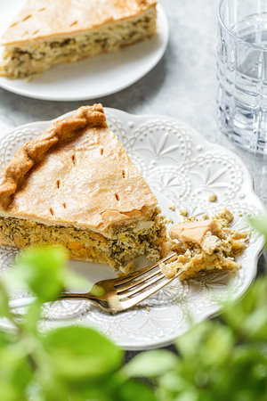 Chicken and egg pie on a light plate. High quality photoの写真素材