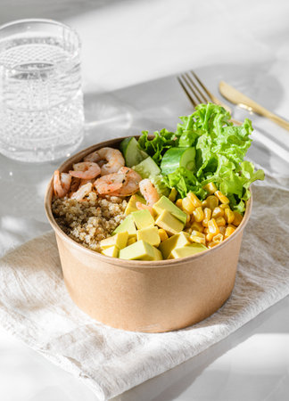 bowl with shrimp, quinoa and corn in a cardboard box. High quality photoの写真素材