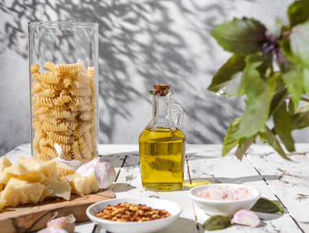 ingredients for making pasta, olive oil, pasta, basil, garlic, cheese. High quality photoの写真素材