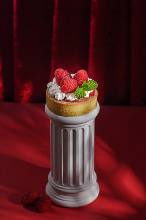 sweet mini tart with cream and raspberries and mint.の写真素材