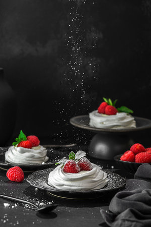 Pavlova meringue dessert with raspberries and cream. The dessert is made from egg whites and powdered sugar, as well as whipped cream and cottage cheese.の写真素材