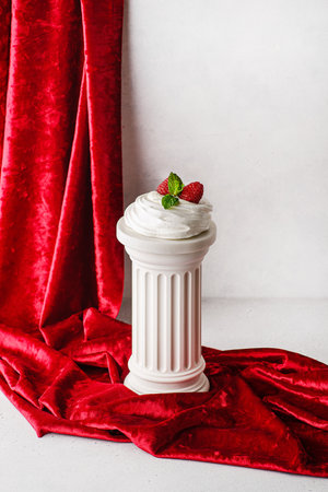 Pavlova meringue dessert with raspberries and cream. The dessert is made from egg whites and powdered sugar, as well as whipped cream. Decorated raspberry and mintの写真素材
