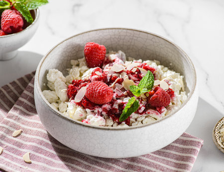 cottage cheese with raspberries and almond petals. High quality photoの写真素材