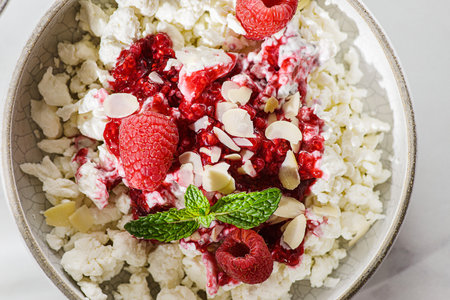 cottage cheese with raspberries and almond petals. High quality photoの写真素材