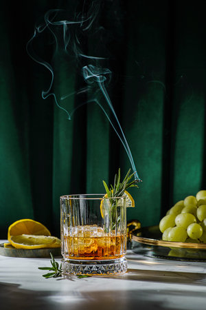 a glass of whiskey on the table is decorated with lemon and rosemary, There are grapes on a tray nearbyの写真素材