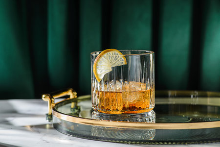 a glass of whiskey on the table is decorated with lemon. High quality photoの写真素材