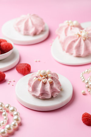 berry marshmallows on a pink background. High quality photoの写真素材