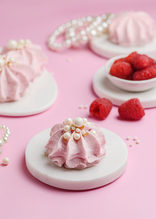 berry marshmallows on a pink background. High quality photoの写真素材