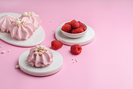 berry marshmallows on a pink background. High quality photoの写真素材