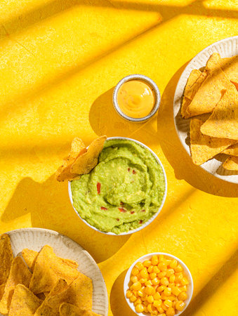 nachos with avocado guacamole on a yellow background. Guacamole is a traditional Mexican snack made from avocado with lime juiceの写真素材