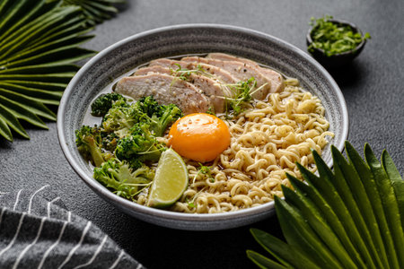 Asian noodles with chicken, egg and broccoli on a black background. High quality photo