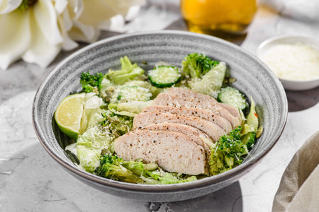 green salad with chicken, cucumber and broccoli. seasoned with olive oil and lemon juiceの写真素材