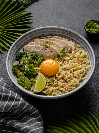 Asian noodles with chicken, egg and broccoli on a black background. High quality photo