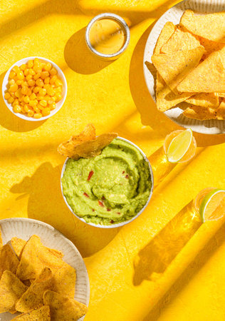 nachos with avocado guacamole on a yellow background. Guacamole is a traditional Mexican snack made...