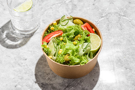 vegetable vegetarian salad in a craft containerの写真素材