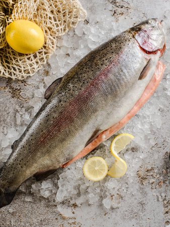 raw whole salmon on ice. High quality photoの写真素材