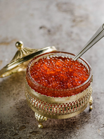 red caviar in the caviar bowl for the new year. High quality photoの写真素材