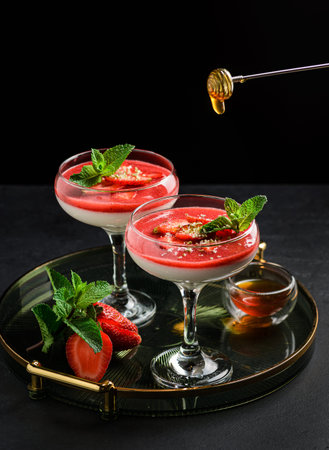 Panna cotta with strawberries and mint. High quality photo