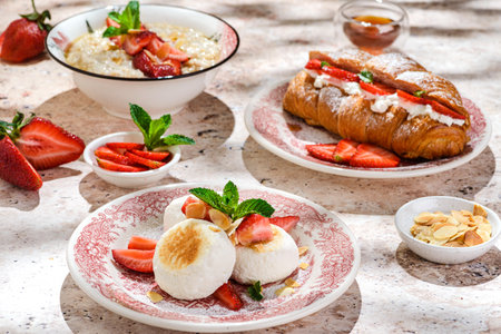 cottage cheese cheesecakes with strawberries, croissant and porridge with strawberries. breakfast in the restaurantの写真素材