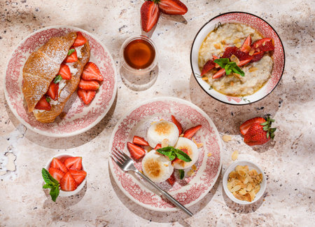 cottage cheese cheesecakes with strawberries, croissant and porridge with strawberries. breakfast in the restaurantの写真素材