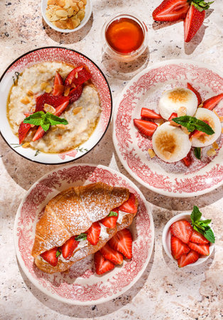 cottage cheese cheesecakes with strawberries, croissant and porridge with strawberries. breakfast in the restaurantの写真素材